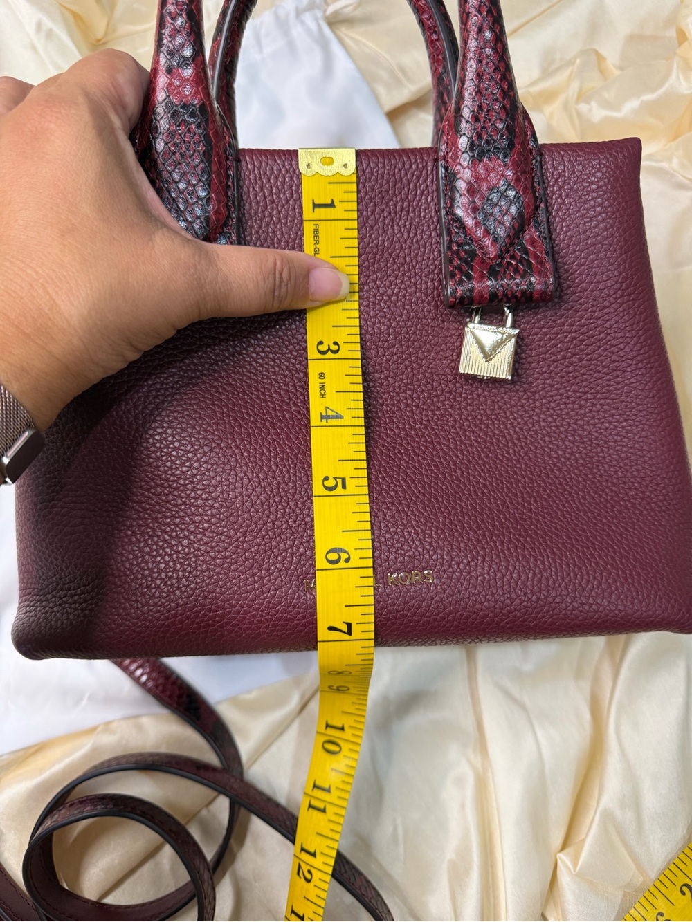 Michael Kors Rollins Small Snake-Embossed Leather Satchel Color Oxblood Burgundy - Picture 6 of 16